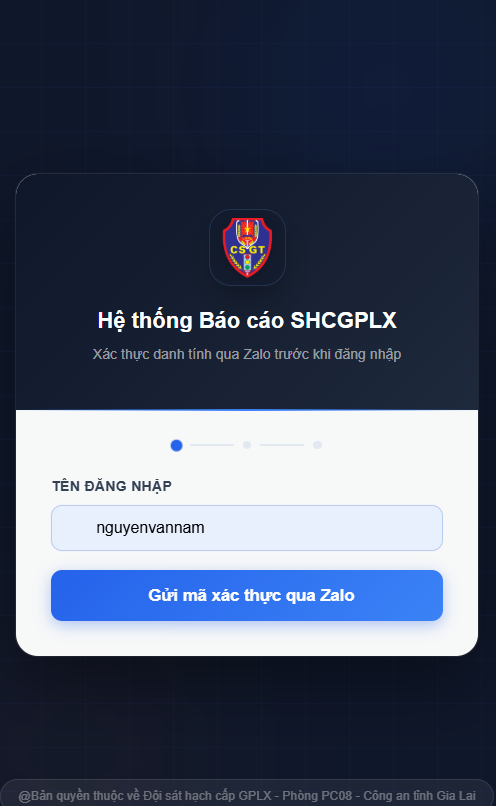 Nhập tên đăng nhập và gửi mã xác thực qua Zalo
