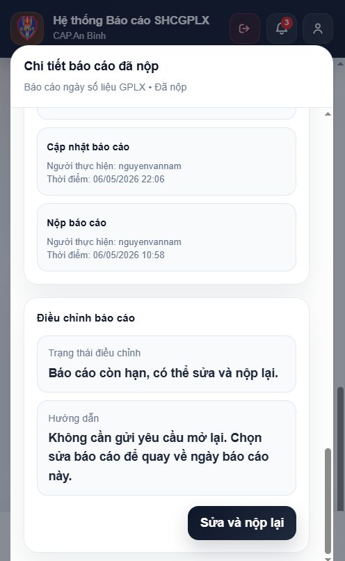 Điều chỉnh báo cáo khi còn hạn